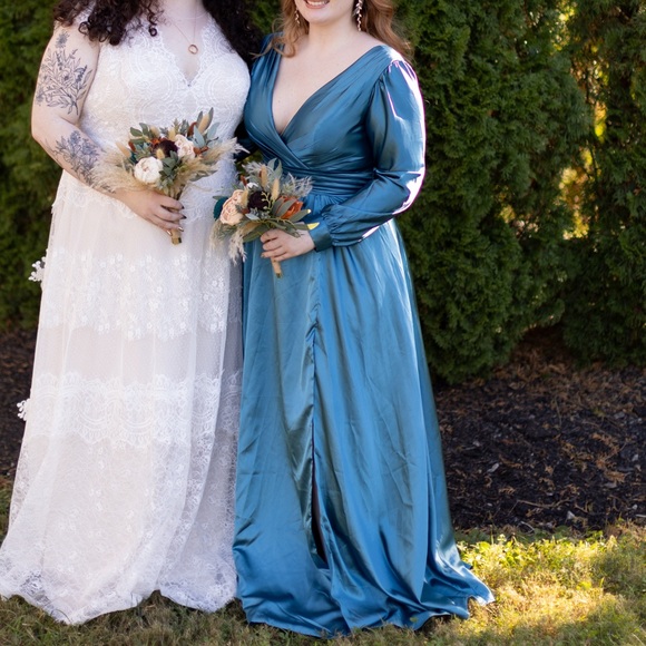 Long Sleeve Satin Bridesmaids Dress - Picture 3 of 7